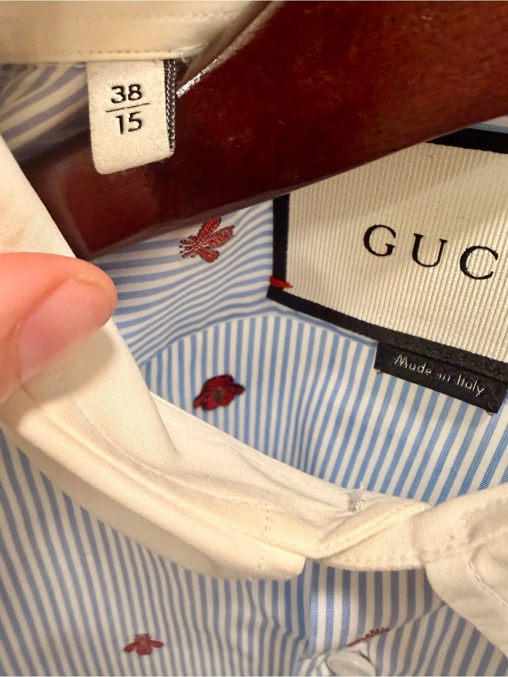 Gucci Light Blue Striped Dress Shirt with White Collar and Bee Embroidery